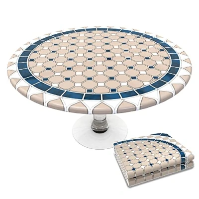 Imagen de VOUNOT Mantel Antimanchas Redondo, Funda de Mesa Estampada PVC Impermeable, Cubierta Ajustada con Borde Elástico, Ø 90 120 cm