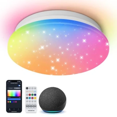 Imagen de Aigostar Mesh Plafon LED Techo Bluetooth Mesh, 12W, 1325LM, 3000K 6500K y RGB regulable, IP44, Φ26CM, Plafón Inteligente Compatible con Alexa, Lampara Alexa para Salon/Dormitorio/Baño