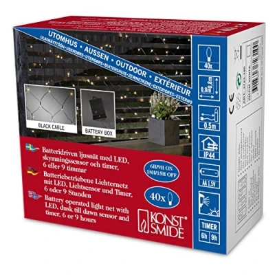 Imagen de Konstsmide 3723 100 Guirnalda luminosa led con sensor de luz, temporizador 6 y 9 horas, apto para exteriores IP44, 40 diodos luz banca cálida, funciona pilas, cable negro, 4 pilas AA 1,5 V no incluidas)