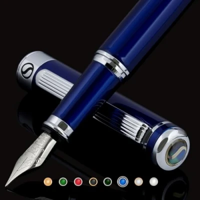 Imagen de Scriveiner Pluma Estilográfica Midnight Blue Plumilla (fina) y Convertidor Instalado Schmidt, Incluye Dos Cartuchos de Tinta, Azul Negro