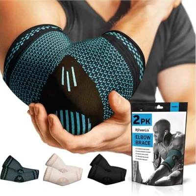 Imagen de POWERLIX Codera para hombres/mujeres, 2 paquetes de coderas compresión, codo tenista, golfista, mangas soporte protección deportiva y alivio del dolor, Azul, S