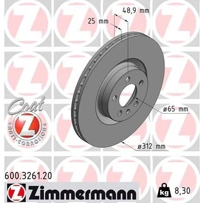 Imagen de ZIMMERMANN 600.3261.20 Disco de freno 312 25 6/5 5 100 ventilación interna revestido altamente carbonizado VOLKSWAGEN: Polo VI