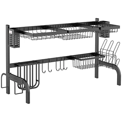 Imagen de HOMCOM Escurreplatos de Acero Escurridor Platos 2 Niveles para Fregadero Estante Secado con Soporte Tabla Cortar Cubiertos 100x30x52,5 cm Negro