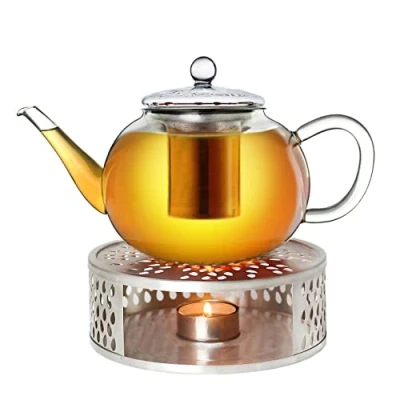 Imagen de Creano Tetera de vidrio 1200ml + un calentador acero inoxidable, 3 piezas, con colador inoxidable integrado y tapa vidrio, ideal para preparar tés sueltos