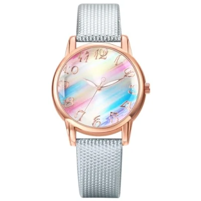 Imagen de JewelryWe Reloj Analógico Redondo Mujer: Relojes de Cuarzo Estilo Universitario para Estudiantes Esfera Arco Iris Correa Cuero Azul Escala Números Grandes Ocio Negocios Regalos