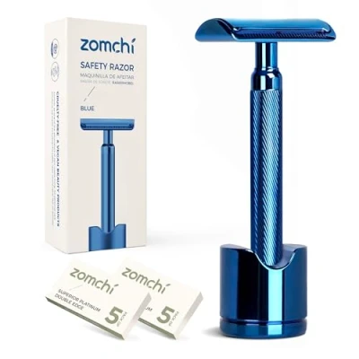 Imagen de ZOMCHI maquinilla de afeitar seguridad reutilizable con soporte para hombres y mujeres, 10 cuchillas Azul noble