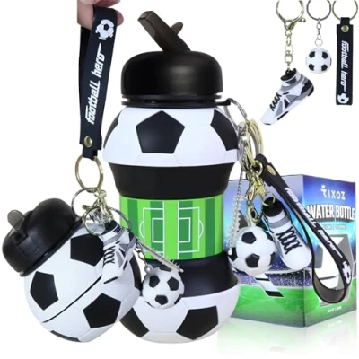 Imagen de RIXOZ Botella de agua plegable silicona 550 ml con llavero fútbol para niños