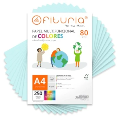 Imagen de Folios de Colores, Pack 250 Hojas A4 80gr Papel Colores para Manualidades, Impresora, Scrapbooking Ideal Origami, Papiroflexia, Oficina y Escuela (Azul Claro, 250h)