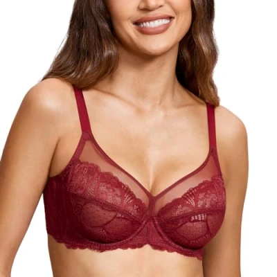 Imagen de DOBREVA Sujetador Encaje Reductor Talla Grande con Aros sin Forro para Mujer Rojo Chino 95C