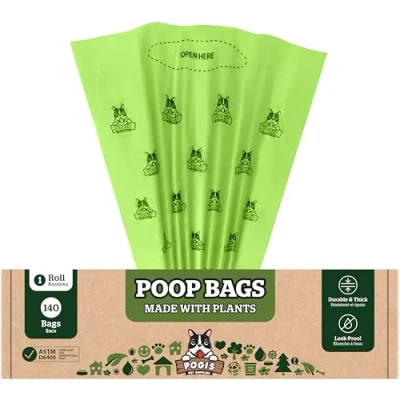 Imagen de Pogi&#039;s Poop Compostable Bags 140 bolsas Grab &amp; Go a prueba de fugas, extragrandes, base plantas, residuos compostables para el hogar con certificación ASTM D6400, EN13432