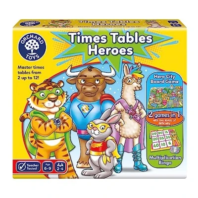Imagen de Orchard Toys Times Tables Heroes Maths Game for Children to Learn and Practise 2 12, Toys, Multiplication Bingo &amp; Educational Board Game, Makes Fun, Games Kids 6+