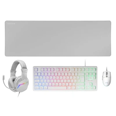 Imagen de Mars Gaming MCP RGB3, Pack Teclado Fixed RGB + Ratón Flow 3200 dpi Auriculares Over Ear Alfombrilla XXL, Blanco, Idioma Francés