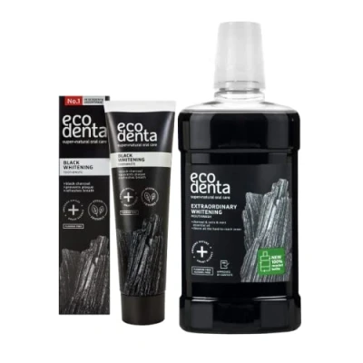 Imagen de Ecodenta Black Whitening Set de cosméticos para higiene bucal I Carbón negro crema dental blanqueamiento 100ml y enjuague con antracita, 500ml Activated Charcoal Teeth