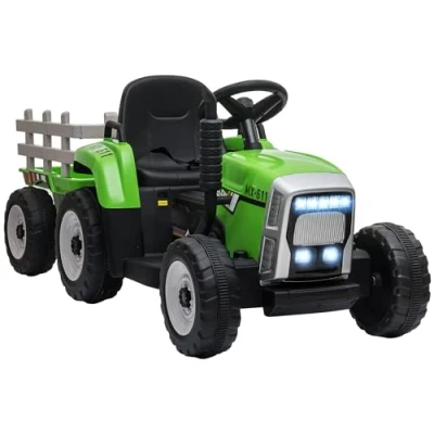 Imagen de HOMCOM Tractor Eléctrico con Remolque Desmontable Coche para Niños 3 6 Años Control Remoto Música MP3 Pantalla Luces y Cinturón de Seguridad 136,5x50x52,5 cm Verde