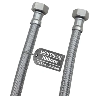 Imagen de LICHTBLAU manguera de acero inoxidable resistente a dobleces, 100 cm, 1/2 pulgadas, adecuada para agua potable, válvula angular, blindada, grifo cocina, baño