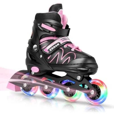 Imagen de ERNAN Patines en línea Ajustables para Niños y niñas con Ruedas de iluminación, Principiantes Jóvenes Grandes Exteriores e Interiores (Pink, M)