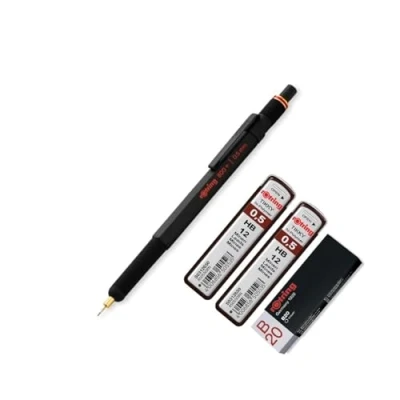Imagen de rOtring 800+ portaminas y Lápiz capacitivo para pantalla táctil hélice giratorio HB de 0,5 mm 2 minas 12 Borrador B20