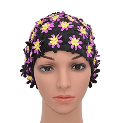 Imagen de Medifier Bonnet de bain à fleurs avec pétales pour femme Style rétro , noir