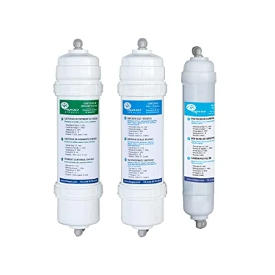 Imagen de Pack de 3 filtros inline para equipos Osmosis Inversa. Conexión rápida. Incluye cartucho 1 sedimentos 5 Micras, GAC fosfatos y postfiltro. Bbagua.