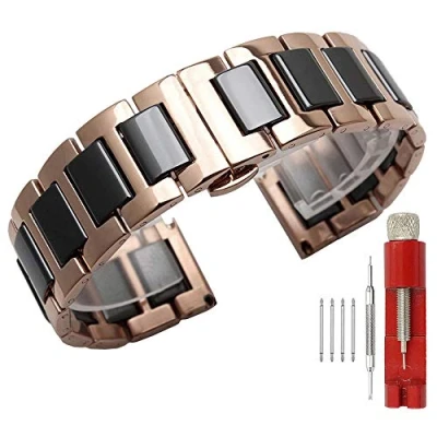 Imagen de Kai Tian Bandas de Reloj Metal Plateado cerámica Negra Dos Tonos para Hombres Correa 22mm Cierre despliegue
