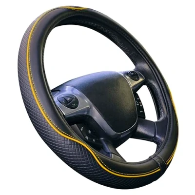 Imagen de Funda Volante Coche Universal Modelo Centauro Negro Amarillo Poli Piel 37 39 cm Antideslizante Transpirable Efecto Carbono