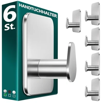 Imagen de Menz Toallero de baño sin taladrar, 6 unidades, color plateado, resistente, gancho adhesivo ovalado, ganchos adhesivos para baño, autoadhesivos, ideales como funcionales