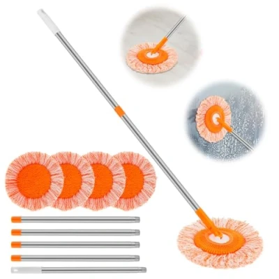 Imagen de Mopa de limpieza pared redonda giratoria 360 ajustable con 5 cabezales fregona repuesto microfibra seca y húmeda limpiador polvo portátil mango largo para pared, techo