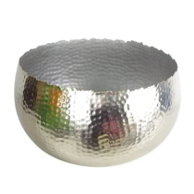 Imagen de Leaf Macetero Grande de Metal Martillado con Borde Recto, Reflectante, Plateado, Curva 32 cm