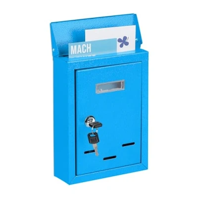 Imagen de Relaxdays Buzón Pared Vertical, Placa para Nombre, Metálico, 2 Llaves, de Exterior, 26,5 x 19 6,5 cm, Estrecho, Azul