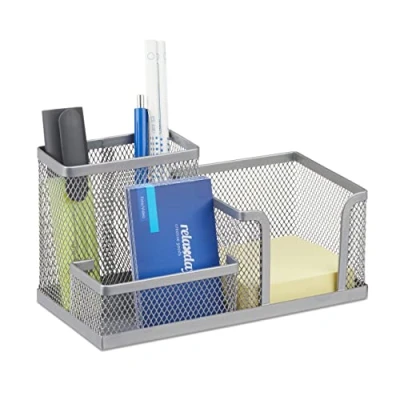 Imagen de Relaxdays Lapicero Grande con Compartimentos, Metal, Plateado, 10 x 18.5 9.5 cm