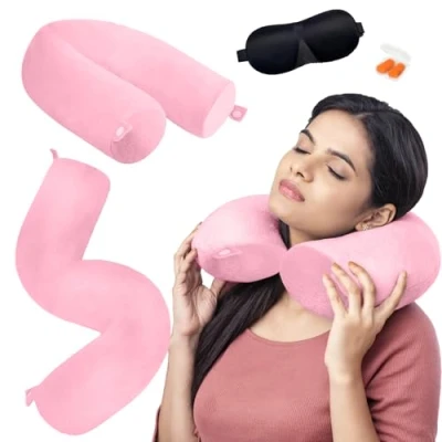 Imagen de Almohada Cervical Viaje, Descanso, Ajustable Cojin Avion Cuello, Multi Puede Doblarse Viaje con Cremallera para Coche, Tren, Cama, Oficina, Máscara de Ojos (Rosa)