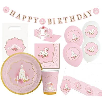Imagen de amscan 9907569 66 Princess for a Day, 56 Piezas, vajilla desechable y decoración, Princesa, Cisne, Castillo, cumpleaños Infantil, Fiesta temática, impresión de Letras, Multicolor