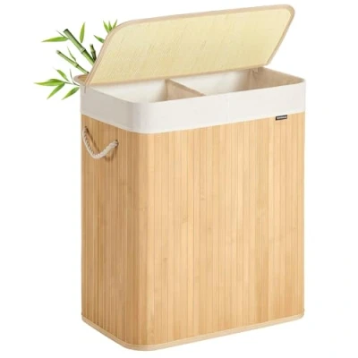 Imagen de SONGMICS Cesto Ropa Sucia, 100 L, Cesta Colada 2 Clasificaciones, con Tapa, Bambú, Asas, Plegable, Bolsa Interior Extraíble y Lavable a Máquina, para Lavandería, Dormitorio, Natural LCB0074Y01