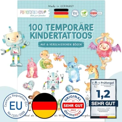 Imagen de Papierdrachen 100 tatuajes infantiles especialmente respetuosos con la piel, robots y monstruos, para niños, como regalo de cumpleaños o idea regalo, 100% vegano set 30