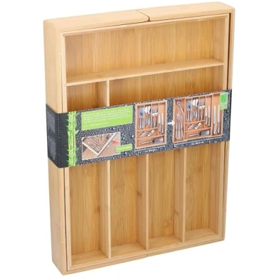 Imagen de alpina Bandeja para cubiertos extensible 46 x 34 56,5 6 cm hasta 8 compartimentos Material de bambú ecológico