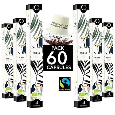 Imagen de capsulas Nespresso Compatibles cafe ECOLÓGICAS Arabica FAIRTRADE Biodegradables SOFIA Café Descafeinado sin disolventes, 60 de Torrefacción Artesanal