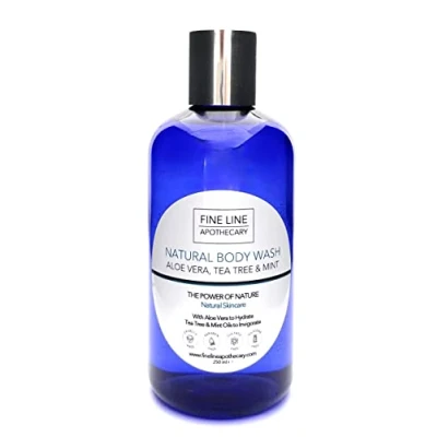 Imagen de 99% Natural GEL JABÓN CUERPO ALOE VERA, ARBOL de TÉ &amp; MENTA 250 ml Fine Line Apothecary. Sin Sulfatos, Parabenos. Concentrado. pH 5.5 para Pieles Sensibles y Atópicas. Refuerza el Microbioma.