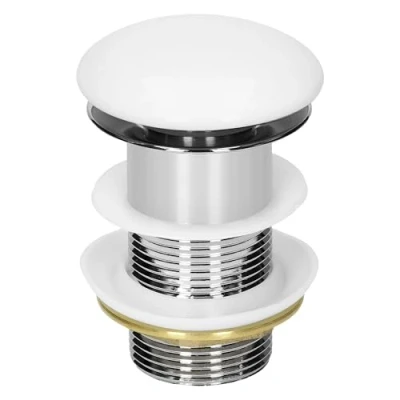 Imagen de ML Design Juego De Desagüe Universal Para Lavabo Y Lavamanos Sin Rebosadero 100 mm Tapa Cerámica Acero Inoxidable Blanco Mate 1 1/4 Pulgada Válvula Pop Up Tapón Fregadero Con Juntas Click Clack