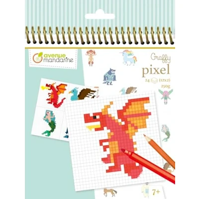 Imagen de Clairefontaine ES Avenue Mandarine GY098C Un cuaderno de espiral Graffy Pixel 24 páginas para colorear (12 modelos x 2, hojas cuadriculadas en blanco) 250 g, fantásticos diseños