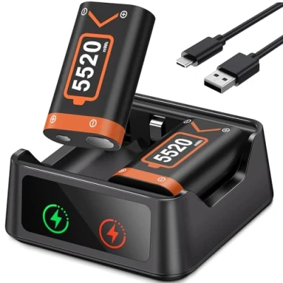 Imagen de HELLCOOL paquete de batería para controlador Xbox, 2 baterías recargables 5520 mWh con base carga Xbox/indicador LED/cable carga, cargador Xbox Series XS,Xbox