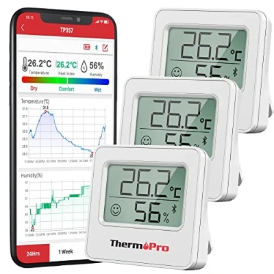 Imagen de ThermoPro TP357 260FT Bluetooth Termómetro, Higrómetro Digital con Monitor Remoto de Temperatura y Humedad APP Inteligente, Termómetro Casa Registros Máximos Mínimos, 3 Piezas