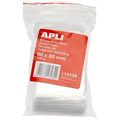 Imagen de APLI 13134 Pack de 100 bolsas plástico con autocierre, 60 x 80 mm