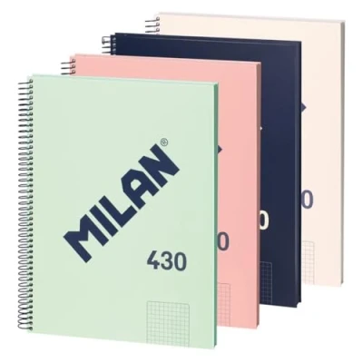 Imagen de MILAN® Pack 4 cuadernos A4 con tapa dura, papel cuadriculado (5 x 5 mm), 80 hojas de 95 gr/m², colección goma 430