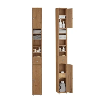 Imagen de SoBuy Mueble Columna de Baño Armario para Alto Estanterías con 5 Estantes Abiertos 2 Puertas y 1 Cajón Marrón 20 x 180 cm BZR34 PF ES