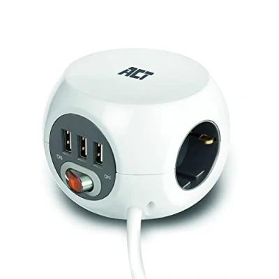 Imagen de ACT Enchufe con USB y Cable de 3 m, Powercube Conectores A (2,4 A/12 W) Interruptor, enchufes, Incluye Almohadilla Adhesiva para Cocina, Oficina, salón, Longitud del Color