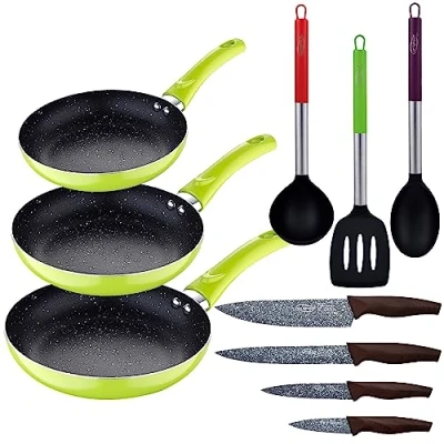 Imagen de Set 3pc sarten (20+24+28cm) aluminio prensado verde con utensilios de cocina nylon 4pc cuchillos acero inoxidable
