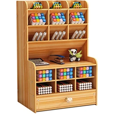 Imagen de Organizador de Escritorio Madera Papelería Multifuncional Caja Soporte Bolígrafo para Oficina en Casa Rack Almacenamiento útiles Escolares con Cajón (Cereza b16)