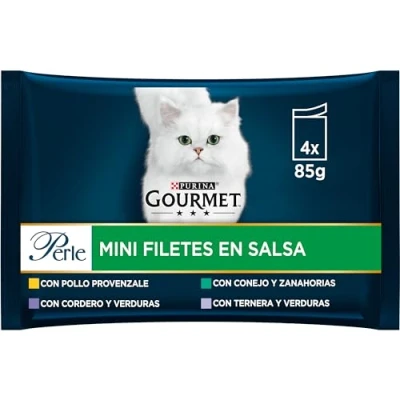 Imagen de Gourmet Purina Perle Mini Filetes en Salsa, Comida Húmeda para Gato con Pollo, Cordero, Conejo y Ternera, 12 paquetes de 4 sobres 85g 48