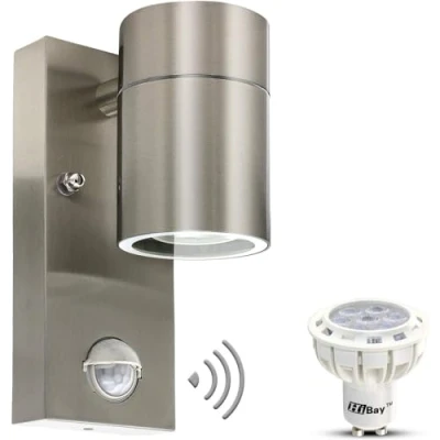 Imagen de HiBay Aplique Pared Exterior/Interior LED con Sensor de Movimiento,1x7W GU10 IP44 Blanco Cálido,Lámpara Moderno Acero Inoxidable Incluye 1 Focos