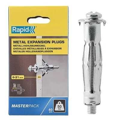 Imagen de Rapid Tacos de expansión Metálicos, Pack 40 metálicos para Pared Pladur 6 21 mm, Carga Máxima 50kg, Paredes y Huecas (5001567)